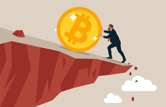 Entrepreneur investor push Bitcoin from falling down the cliff. Pushing Bitcoin prevent from price falling down, cryptocurrency risk, fluctuation, crypto crisis or panic sales.