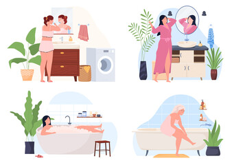 The woman washes, takes care of her body. Bathroom interior furniture. Cozy modern apartment. Vector illustration