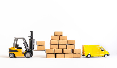 Naklejka premium Industry and business transportation with forklift loading product box.economy with demand and supply concepts.