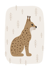 Hand drawn card with lynx in the woods. Cute childish illustration with forest animal and pine trees. Charming poster for nursery design, prints and apparel. Scandinavian vector illustration