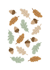 Hand drawn card with acorns and oak leaves. Cute childish illustration with forest plants. Charming poster for nursery design, prints and apparel. Scandinavian vector illustration