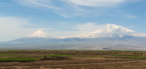 Obraz premium Mount Ararat in Armenia, long wide width banner, photo made from Khor Viral monastery. Khor Virap, Armenia