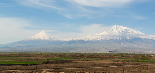 Mount Ararat in Armenia, long wide width banner, photo made from Khor Viral monastery. Khor Virap, Armenia