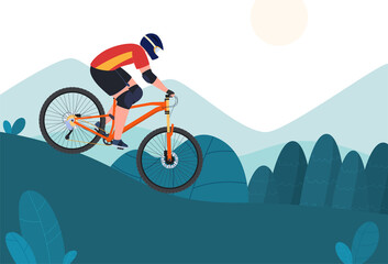 Descent from the mountain on a mountain bike. Active extreme sport. Two-wheeled transport. Vector illustration