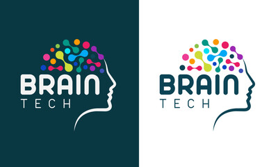 Creative Human Brain Technology Logo design vector icon symbol illustrations. Colorful connecting data for artificial intelligence and human face. Its a creative mind logo with full of ideas and info.