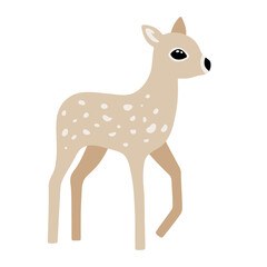 Hand drawn illustration with charming deer. Cute forest character. Vector lovely deer in flat style isolated on white background. Cartoon woodland creature. Childish colorful illustration
