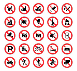 Set of prohibition icons. Prohibition warning. Red circle with oblique line. Vector illustration