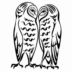 Two owls stylized black and white ink drawing. Black and white linear drawing. Vector image. Calligraphic drawing.