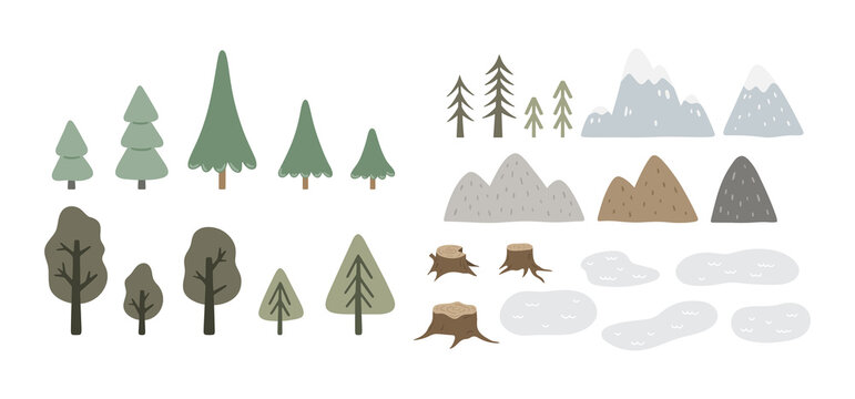 Hand drawn collection with forest elements: trees, lakes and mountains. Huge woodland set with landscape elements. Cartoon drawings isolated on white background. Vector botanical illustration