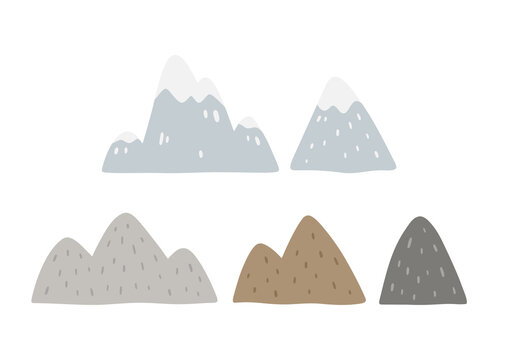 Hand drawn cartoon mountains set. Cute landscape forest elements isolated on white background. Mountain peak, top or summit covered with snow in flat style. Childish vector illustration