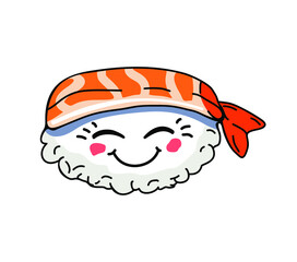 Shrimp sushi icon.Kawaii sushi.Vector illustration for menu, cafe, bar, poster, restaurant, banner, emblem, sticker, logo, label.Flat Cartoon Style.