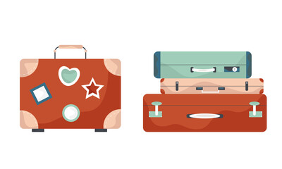 Set of stacks of luggage and suitcase for travel. Vector illustration.