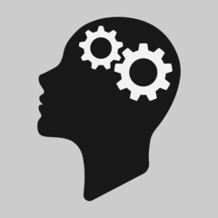 Cog wheels inside human head silhouette vector flat style illustration - Mental health and efficiency related concept 