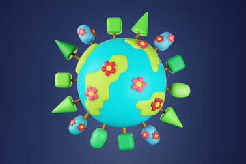 Spring on Earth with Trees and Flowers Cute Stylized 3d Illustration with Dark Background
