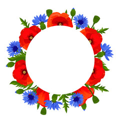 Floral frame circle with poppies, cornflowers,  buds and green leaves. Vector illustration isolated on a white background.