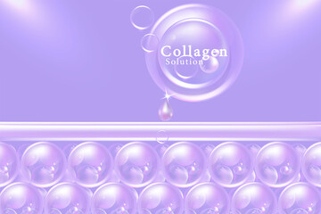 Hyaluronic acid hair and skin solutions ad, purple collagen serum drop over skin cells with cosmetic advertising background ready to use, illustration vector.