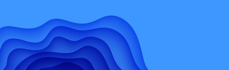 Abstract background in paper cut style. 3d wallpaper with cut out deep waves modern cover. Blue color layers with smooth shadow papercut art. Vector card illustration, origami geometric shapes