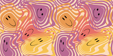 Illustration of a seamless groovy and trippy pattern. Deformed smiles in vintage style.