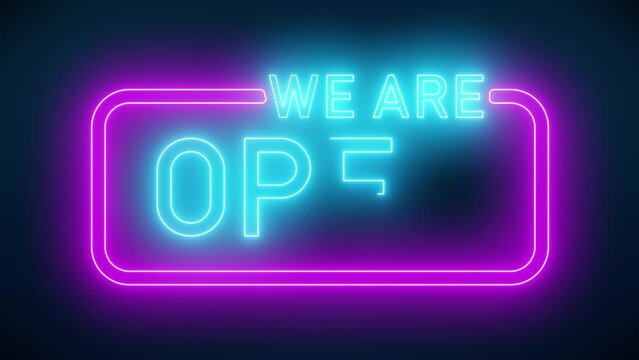 Video animation of glowing neon sign with message, we are open in blue and magenta. - Abstract background - seamless loop