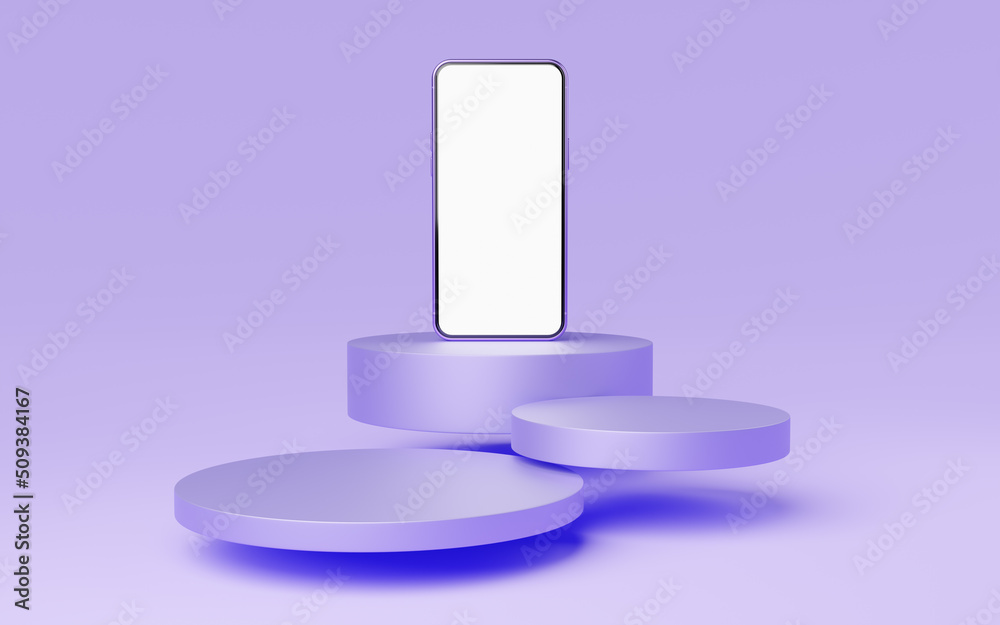 Wall mural 3d smartphone on cylinder podium floating on purple background. realistic mobile phone with blank wh