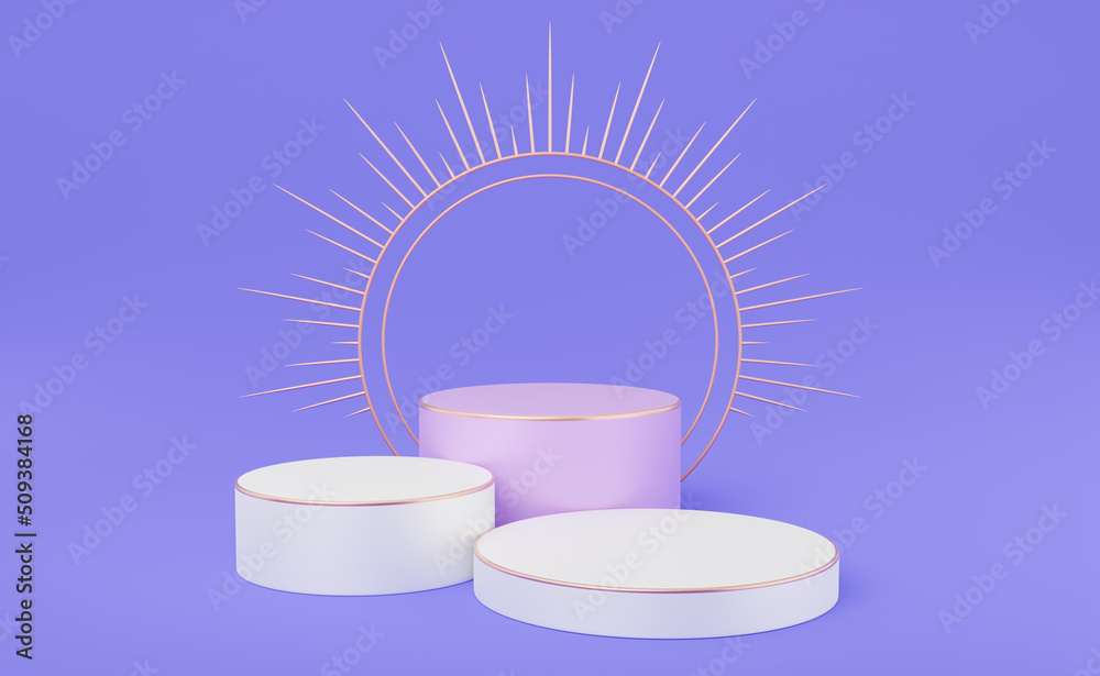 Wall mural 3 empty violet cylinder podium with gold border and spiked halo circle on purple background. abstrac