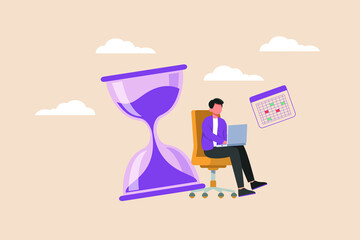 Businessman doing task in the laptop with hourglass. Schedule and planning concept. Flat vector illustrations isolated.