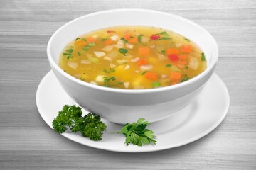 Vegetable soup. This cold and beverage is made of diced Vegetable mixed.