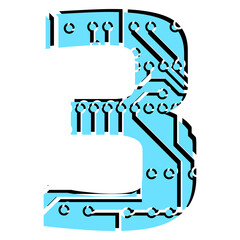 Digit 3 perforated with PCB circuit board tracks isolated on white. Colored digit for headlines of modern digital world. Design element.
