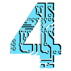Digit 4 perforated with PCB circuit board tracks isolated on white. Colored digit for headlines of modern digital world. Design element.
