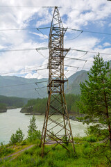 Power line support on the high bank of the Katun River