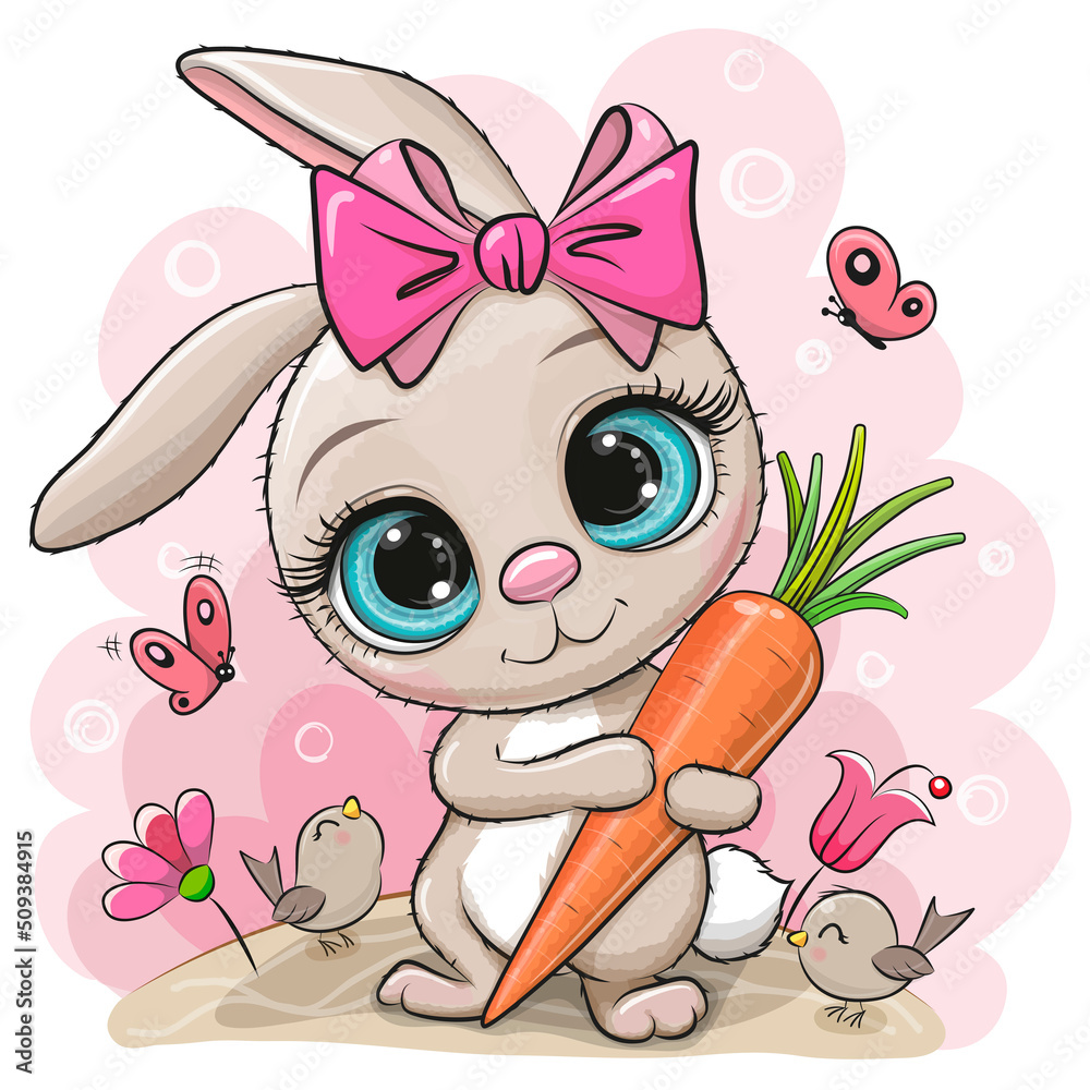 Sticker rabbit girl with carrot on a meadow