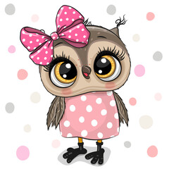 Owl with pink bow on a white background
