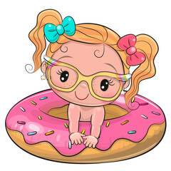 Girl in swimming on pool ring donut
