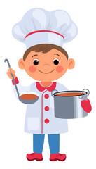 Boy chef holding soup pot. Funny cooking kid