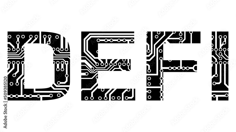 Wall mural word defi decentralized finance with circuit board tracks silhouette isolated on white. ecosystem of