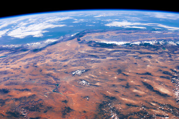 Panoramic view of the southwestern USA and Pacific Ocean, Top view of the earth horizon, Grand Canyon, Las Vegas, Sierra Nevada, Salton Sea. Selective focus. Elements of this image furnished by NASA.