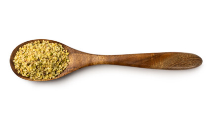 split skin removed mung beans or green grams in a wooden spoon, also known as moong seeds, staple ingredient in southeast asian dishes, protein rich legumes, isolated on white background