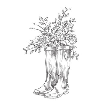 Rubber boots with bouquet of rose flowers, sketch vector illustration isolated.