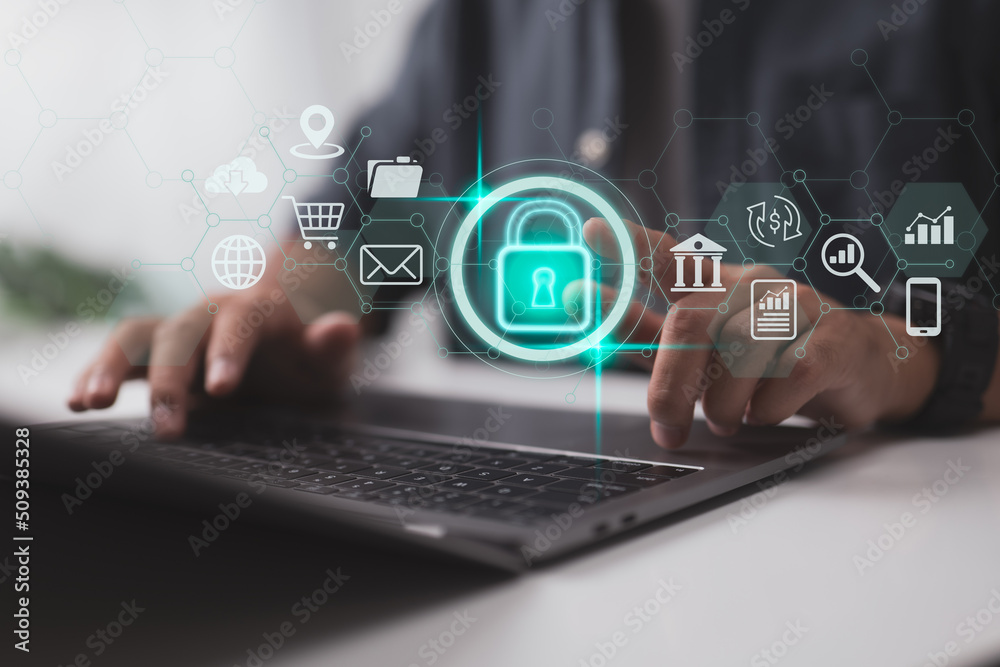 Aufkleber Security and privacy concepts for data. The lock symbol and internet network security. Protection of personal data on virtual screens.
