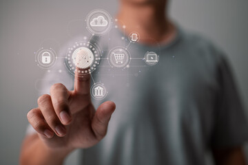 An online businessman scans his fingerprint to login to a cloud computing network.