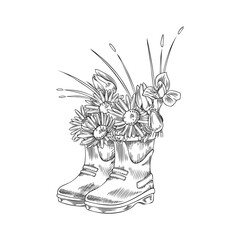 Hand drawn rubber welly boots with different flowers and grass inside