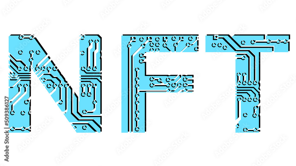 Wall mural colored word nft non fungible tokens perforated with pcb circuit board tracks isolated on white back
