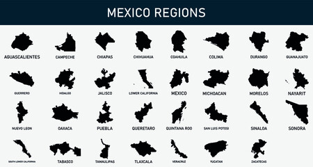 Map of Mexico regions outline silhouette vector illustration
