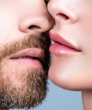 sexy lips and mouths of couple kiss, crop view