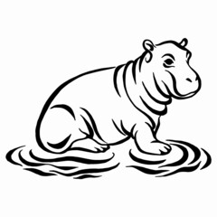 Cute hippopotamus or hippo in puddle. Black and white drawing. Linear drawing. calligraphic vector illustration.