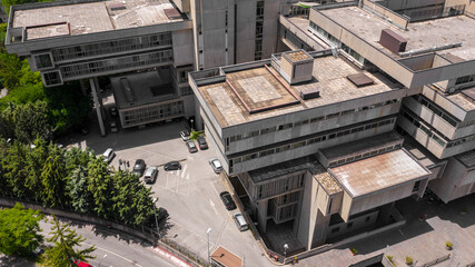 Aerial view of the Palace of Justice in Potenza, Italy. The building consists of a modern design building, in reinforced concrete and glass. The same hosts all the judicial offices and the Court.