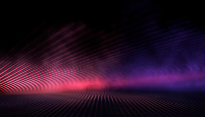 Obraz premium Dark abstract modern neon background. Empty night neon scene with rays of light, smoke, smog, disco background, spotlights. Reflections of rays on a wet surface. 3D illustration.