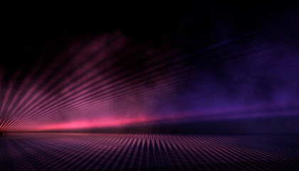 Dark abstract modern neon background. Empty night neon scene with rays of light, smoke, smog, disco background, spotlights. Reflections of rays on a wet surface. 3D illustration.