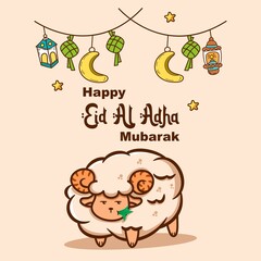 illustration of cute sheep eating grass with lantern and saying eid al adha hand drawn style