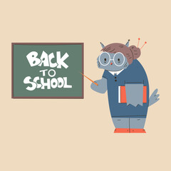 Animal back to school illustration. Cute owl teacher at the chalkboard vector cartoon character isolated on background.